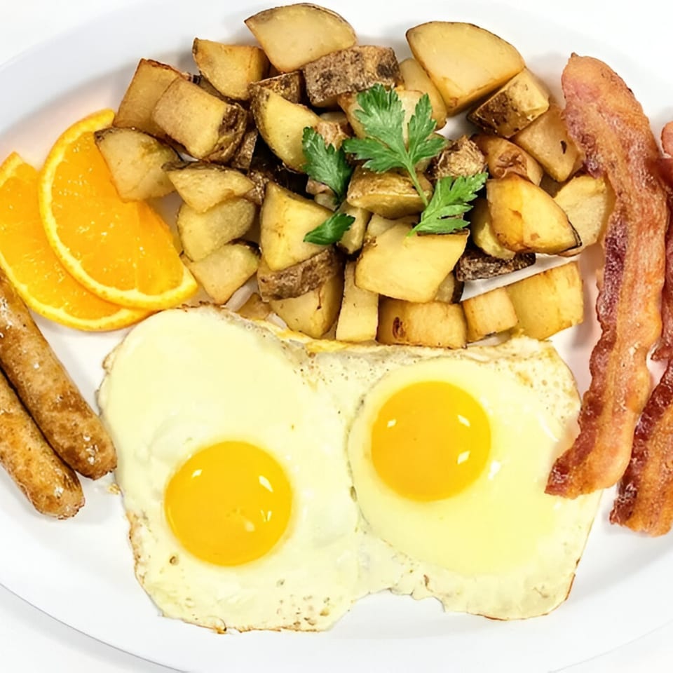 A breakfast plate with two fried eggs, home fries, bacon, sausage links, and orange slices.